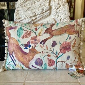 NWT Voyage Maison “Leaping into the Fauna” linen printed pillow with pom poms